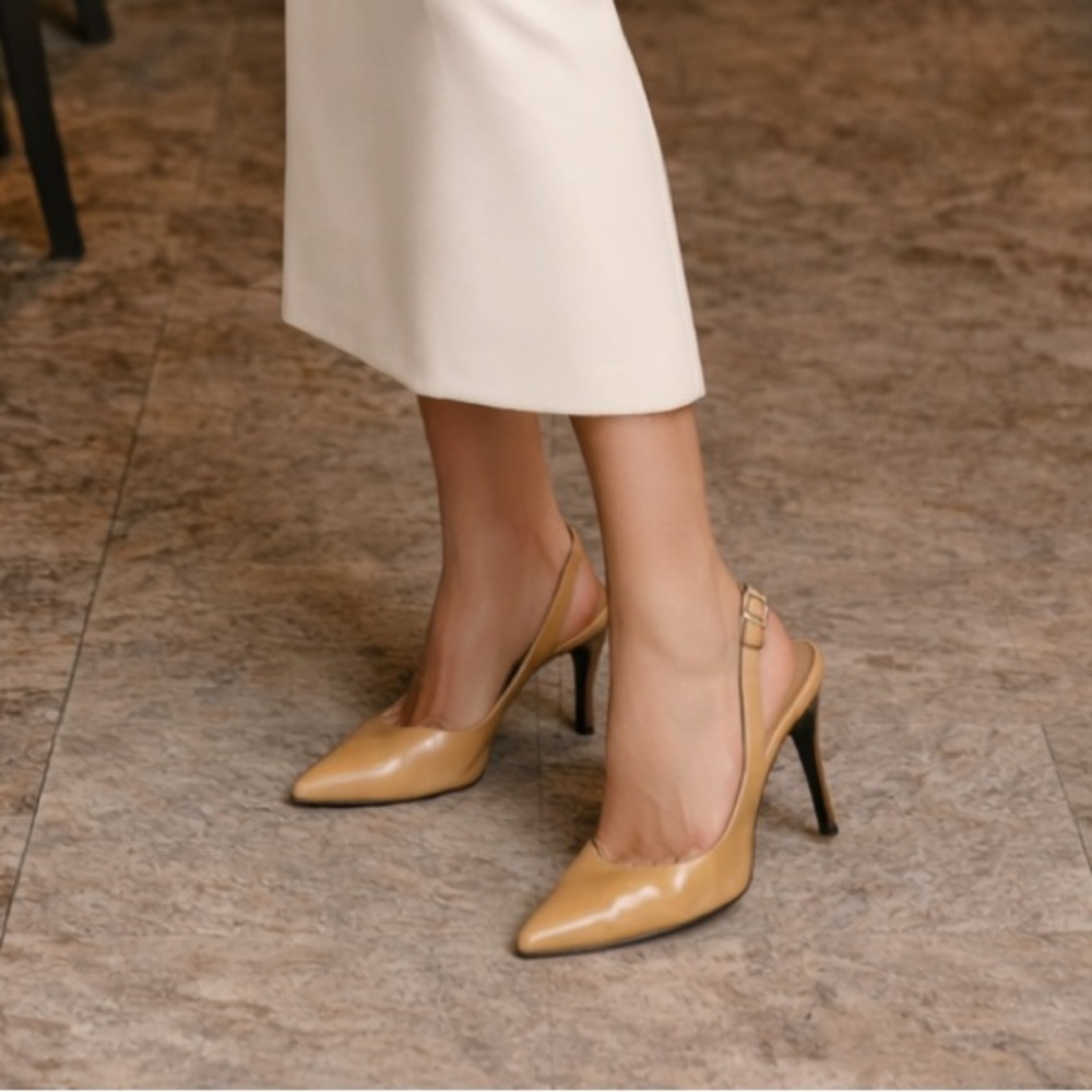 Elegant High Pointy Tan Slingback Heels in 39